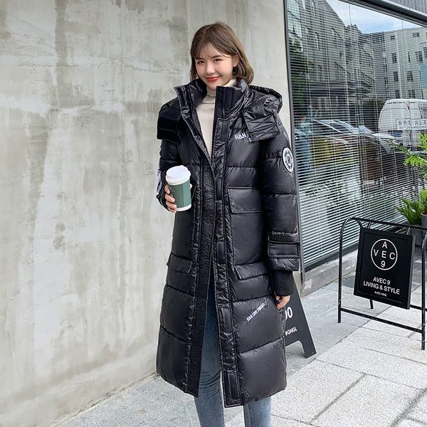 

x-long women's winter parkas korean style hooded shiny jacket women plus size loose cotton padded stand collar thick coat ladies