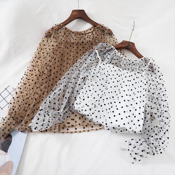 

2020 2pcs женщины o шея фонарь рукав рубашки основной элегантный тонкий горошек кружево хлопок сетка марлевого voile пуловер тюль блуза tops, White