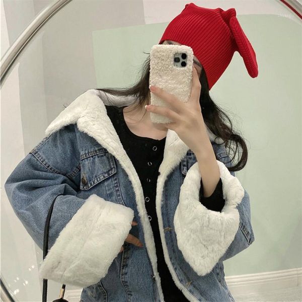 

winter coat women casual loose denim jacket female long sleeve single breasted outerwear fashion warm fur jean coat korean 20211, Black;brown