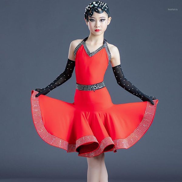 

2021 new latin dance performance clothes female children latin dance costumes red diamond skirt practice clothes1, Black;red