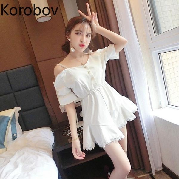 

korobov summer 2020 new holiday beach style jumpsuits slash neck off shoulder solid playsuit short sleeve loose bodysuit1, Black;white