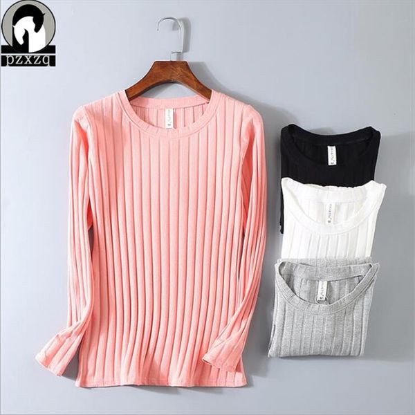 

spring thin womens 95% cotton striped solid color long sleeved t shirt female  3xl super elastic slim o neck girls, White