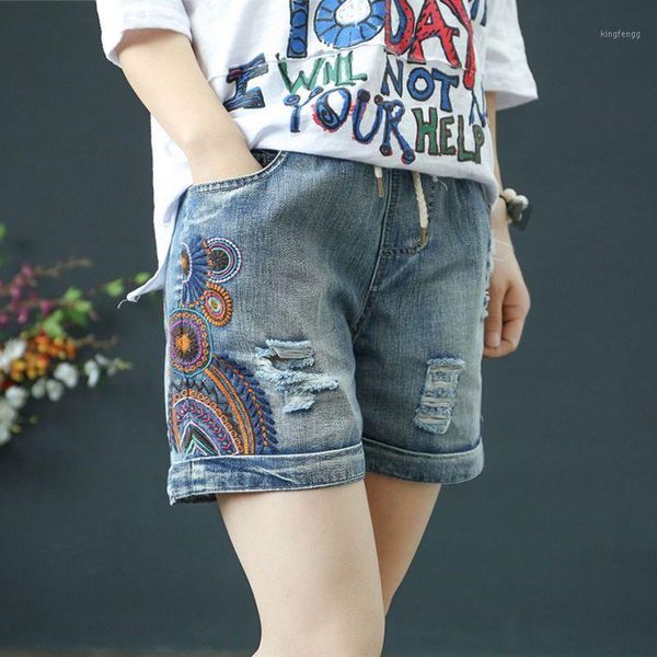 

2020 denim shorts fashion casual folk-custom embroidery hole thin loose elastic waist elastic waist comfort jeans woman shorts1, White;black