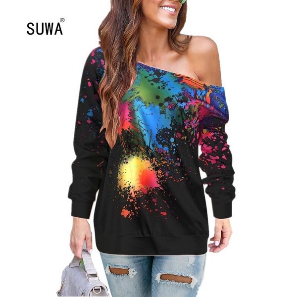 

colorful scrawl dot print bare shoulder long sleeve t-shirt recommend style women pullover tee spring femme t200618, White