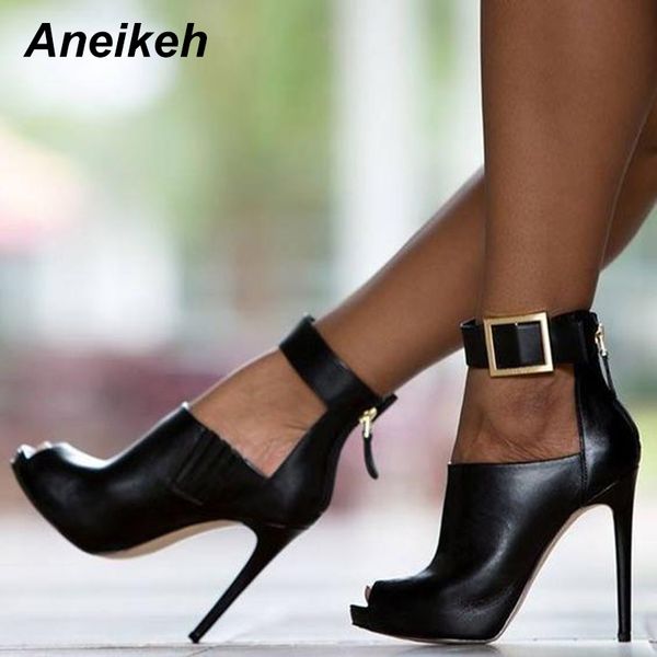 

aneikeh 2018 new women pumps burst metal buckle high-heel fish mouth cool boots spring summer high heels sandals shoes woman t200605, Black