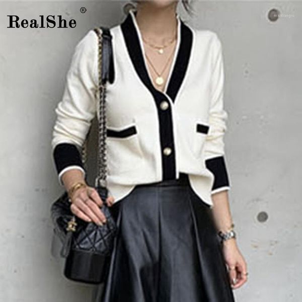 

realshe cardigan women 2020 v-neck long sleeve buttons pockets ladies sweater ladies spring casual streetwear sweater women 20201, White