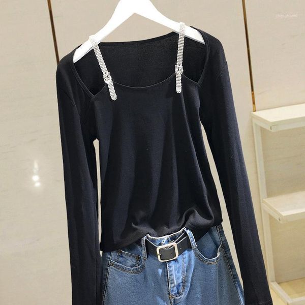 

2020 new diamond strap long-sleeved t-shirt women's slim 10151, White