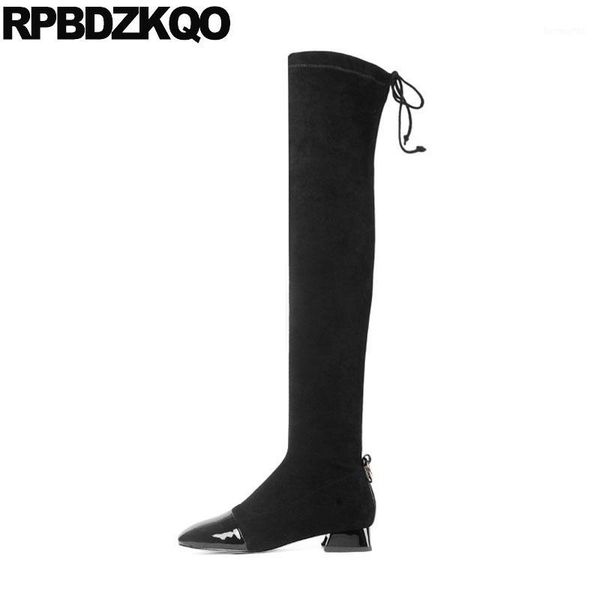 

boots winter over the knee sheepskin long black shoes chunky square toe patent leather big size thigh high for plus women 101