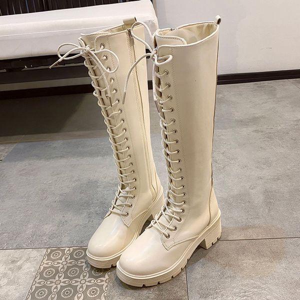 

2021 new autumn thick knee soles high-knee elastic women lace up high tube british-style leather zip-long boots hp9s, Black