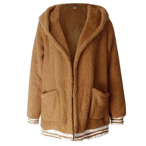 

women's wool & blends autumn winter hooded pockets female plush outwear women's ladies streetwear solid color warm overcoat 2021, Black