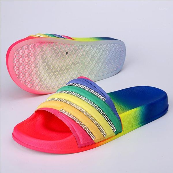

slippers 2021 summer rainbow women's luxury fashion rhinestone outdoor non-slip beach women shoes1, Black