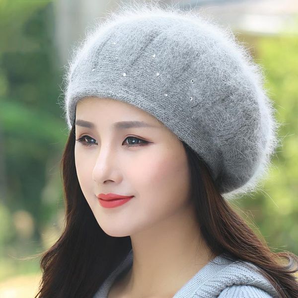 

berets beret women winter hat knit warm angora rhinestone double layers thermal snow outdoor skiing accessory cap headwear, Blue;gray