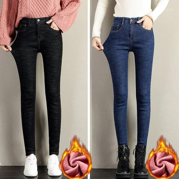 

new arrival women denim skinny pants slim jeans fashion winter plus size velvet elastic high waist casual jeans pencil pants#g31, Blue