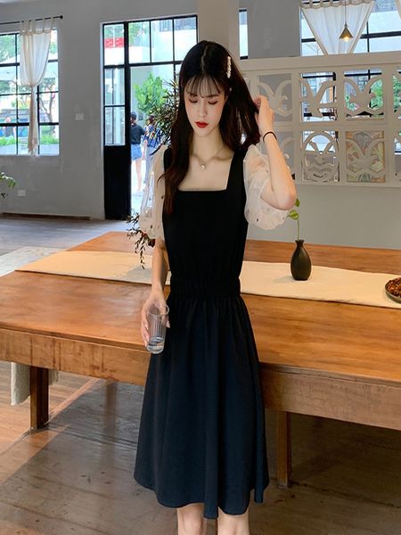 

2021 new korean female summer edition wear big fat mm dress with a narrow waist and fine temperament fake two suit parts 4mb2, Black;gray