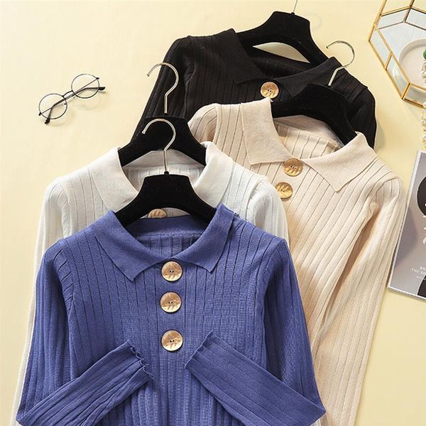 

casual autumn winter women sweater pullovers long sleeve button turn-down collar chic sweater female slim knit soft jumper1, White;black