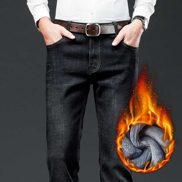 

men's jeans 2021 winter thick plus fleece business casual youth regular-fit stretch denim trousers black blue