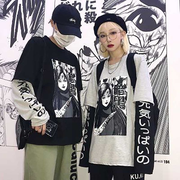 

nicemix harajuku t-shirt women fake 2 pieces print japanese fujiang horror comics long sleeve shirt women vetement femme 2020, White