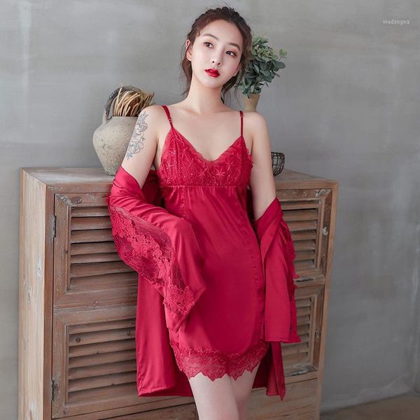 

women spring kimono robe gown set v-neck hollow out sleepwear ice silk bathrobe intimate lingerie sweet lace bow nightwear1, Black;red