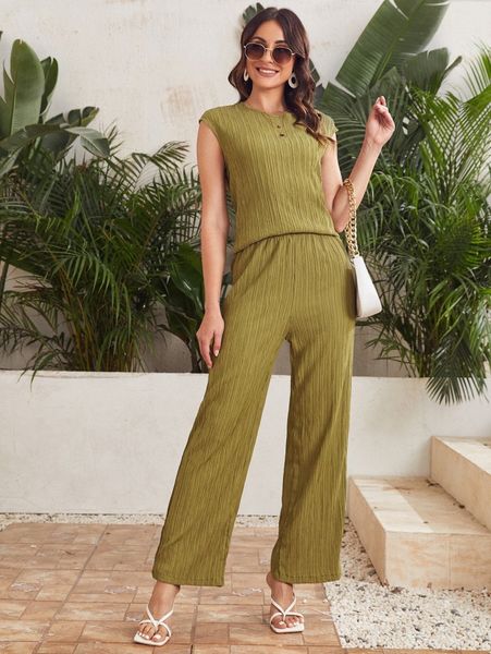 

solid pleated & pants set x9be#, White