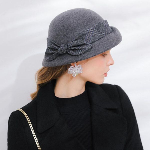 

berets special tilt asymmetrical brim women's felt hat solid color winter hats ladies bowknot upturned fedora party, Blue;gray