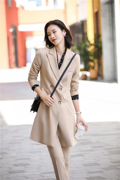 

women's two piece pants formal uniform designs women professional business suits autumn winter middle long windbreaker blazers pantsuit, White