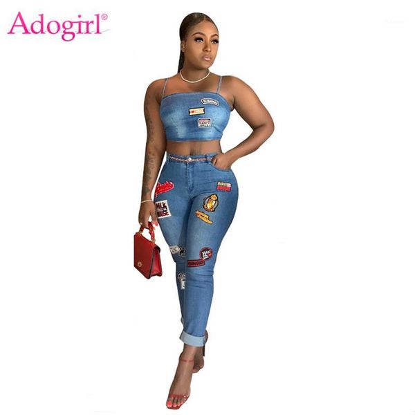 

adogirl cartoon patch jeans two piece set spaghetti straps crop curled jeans pants women night club suit casual outfits1, White