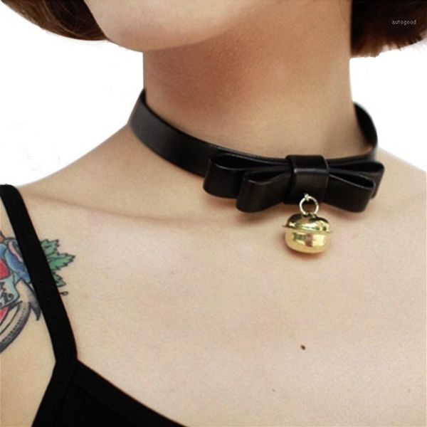 

chokers 2021 punk leather bowknot bell pendant choker necklace women funky chockers collar collares collier ras du cou cr1041, Golden;silver