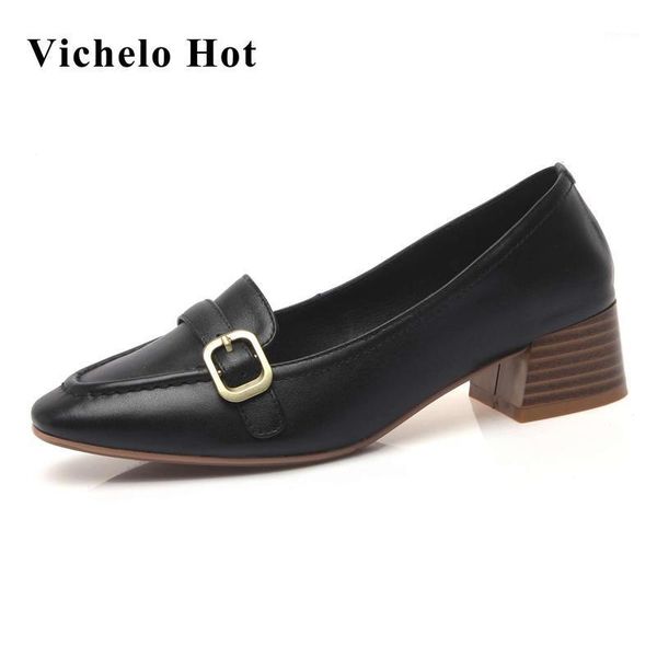 

dress shoes vichelo big size genuine leather square toe med heel three colors gladiator retro fashion slip on classic women pumps l2f21, Black