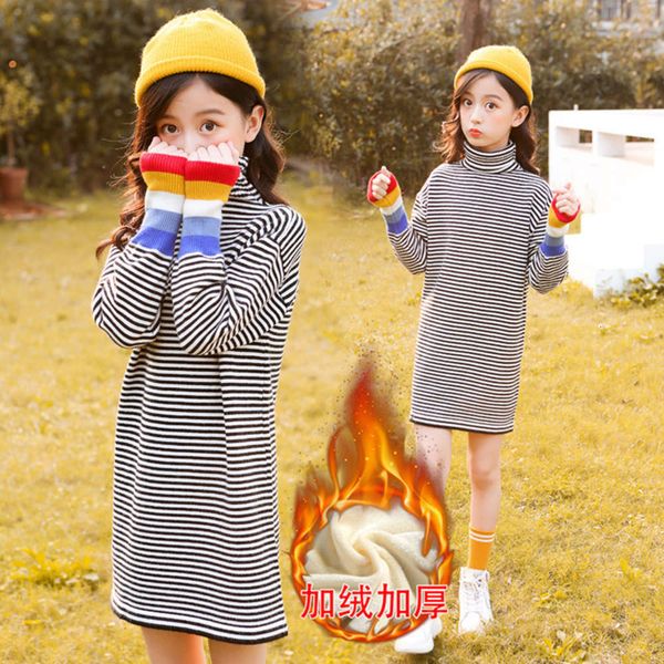 

winter clothing 2019 in of autumn and girls' korean medium long fine stripe children's plush sweater, Blue