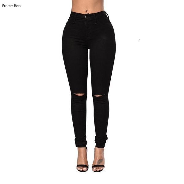 

упругая повседневная высокой талия джинсы высокого качества женщины осень женщина кнопка сыпучий черный белый кин hole денима карандаш джинс, Blue