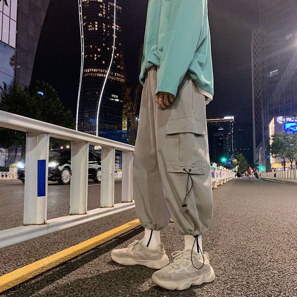 

2021 fall male bib general casual breeches elastic line-leg leg slacks korean-style youth fashion multi-pockets trou rnhc, Black