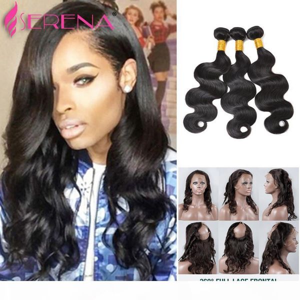 

pre plucked 360 lace frontal with bundles brazilian body wave virgin human hair 360 lace frontal closure bleached knot baby hair, Black;brown
