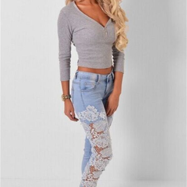 

fashionable new cut out lace jeans, Blue