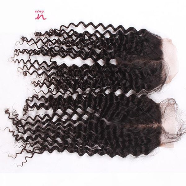 

brazilian virgin human hair closure kinky curly lace closure bleached knots middle three part 4x4 hair closure, Black