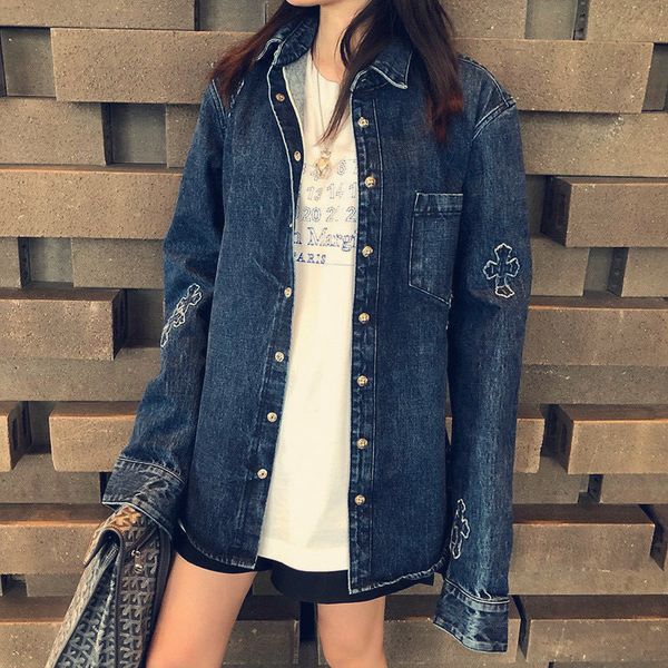 

2021 new fashion brand crosin men's and women's lovers denim shirt personalized cross leather jacket loose os version, Black
