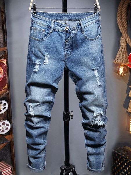 

men bleach wash ripped frayed cat scratch tapered jeans l0ht#, Blue