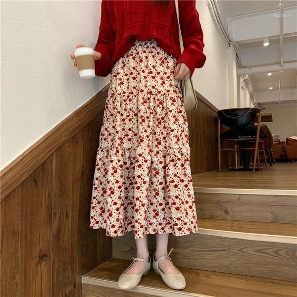 

vintage floral pleated corduroy long skirts autumn winter women sweet korean style skirt streetwear elastic waist midi skirt1, Black
