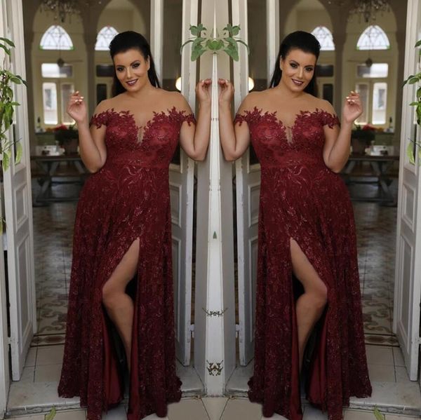 

plus size dark red evening dresses full lace a line sleeveless o-neck girls formal prom dresses party gowns split front guest dress v84, Black;red