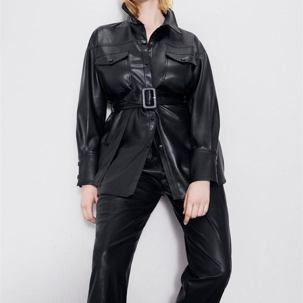 

slim pu rr coats women fashion faux leather jackets women elegant tie belt waist pockets buttons coats female ladies1, Black