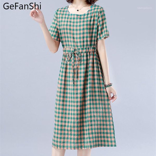 

casual dresses 2021 summer dress fashion women plaid loose cotton linen short sleeves office ladies plus size1, Black;gray