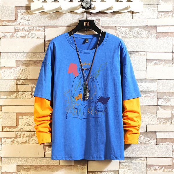 

2020 autumn spring fashion oversize fake two pieces print tshirt men's long sleeve casual o neck t-shirt for man tees, White;black