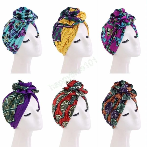 Estilo Boêmio Floral Impresso Envoltório Hijab Hats Moda Africano Muçulmana Mulheres Grande Flor Turbante Tampão Gosquinhos Partido Headwear