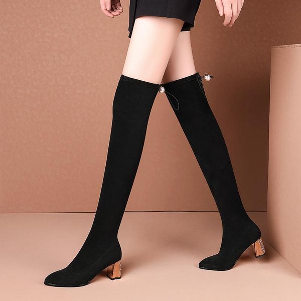 

women over the knee boots ladies winter stretch fabric warm shoes woman metal high heels shoes bottes femme botas mujer 34-42, Black