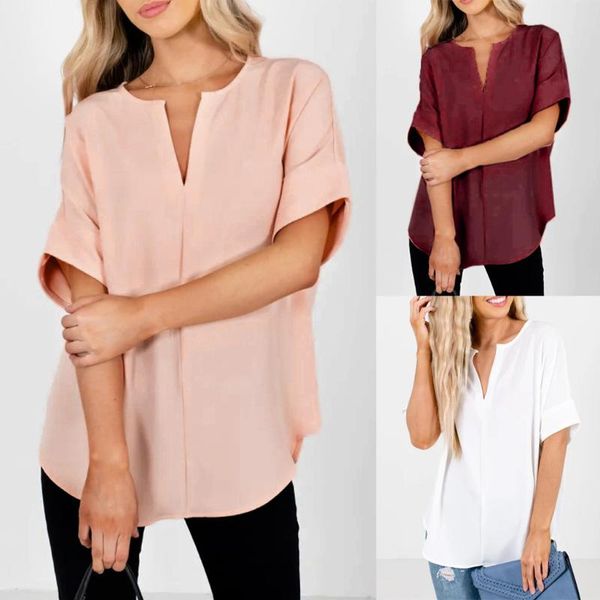 

2021 fashion solid color casual clothes women's summer v-neck pure color short sleeve tunics shirts loose, White
