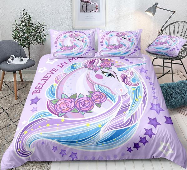 

unicorn duvet cover set purple unicorn with roses bedding kids girls star animal quilt cover flowers  bed set pink dropship 1012