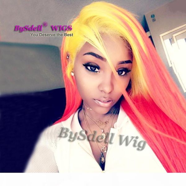 

beauty long straight hair wig synthetic bright yellow ombre red color hair lace front wig fashion lace wigs for women, Black