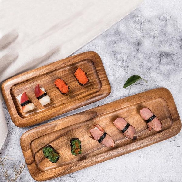 

wooden dumplings sushi serving tray oblong plate salad bread dishes