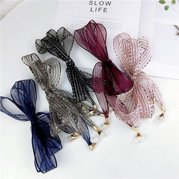 

new summer women long skinny silk bag handle ribbon scarf female small square neck tie hair wrap scarves headwear 2.5x185cm y201007, Blue;gray