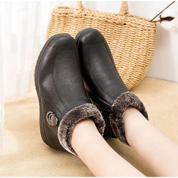 

boots women snow winter shoes plush warm pu leather female flat ankle fashion casual comfortable women2021, Black