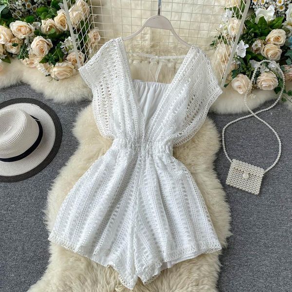 

ins popular women cutout lace v-neck jumpsuit short design wide leg summer short lace bodysuit1, Black;white